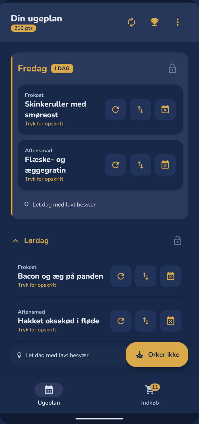 Ugeplanen i appens mørke tema.