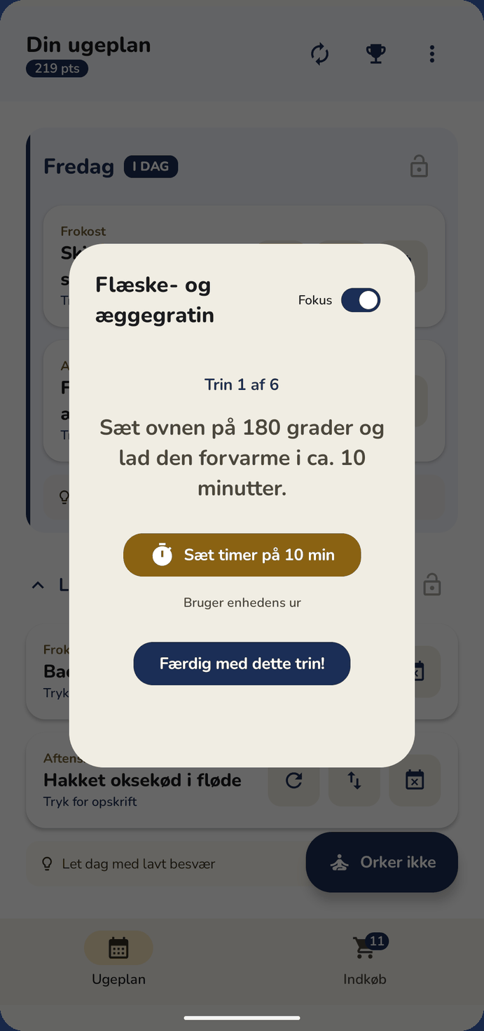 En opskrift i fokus-tilstand med ét trin ad gangen og en timer.